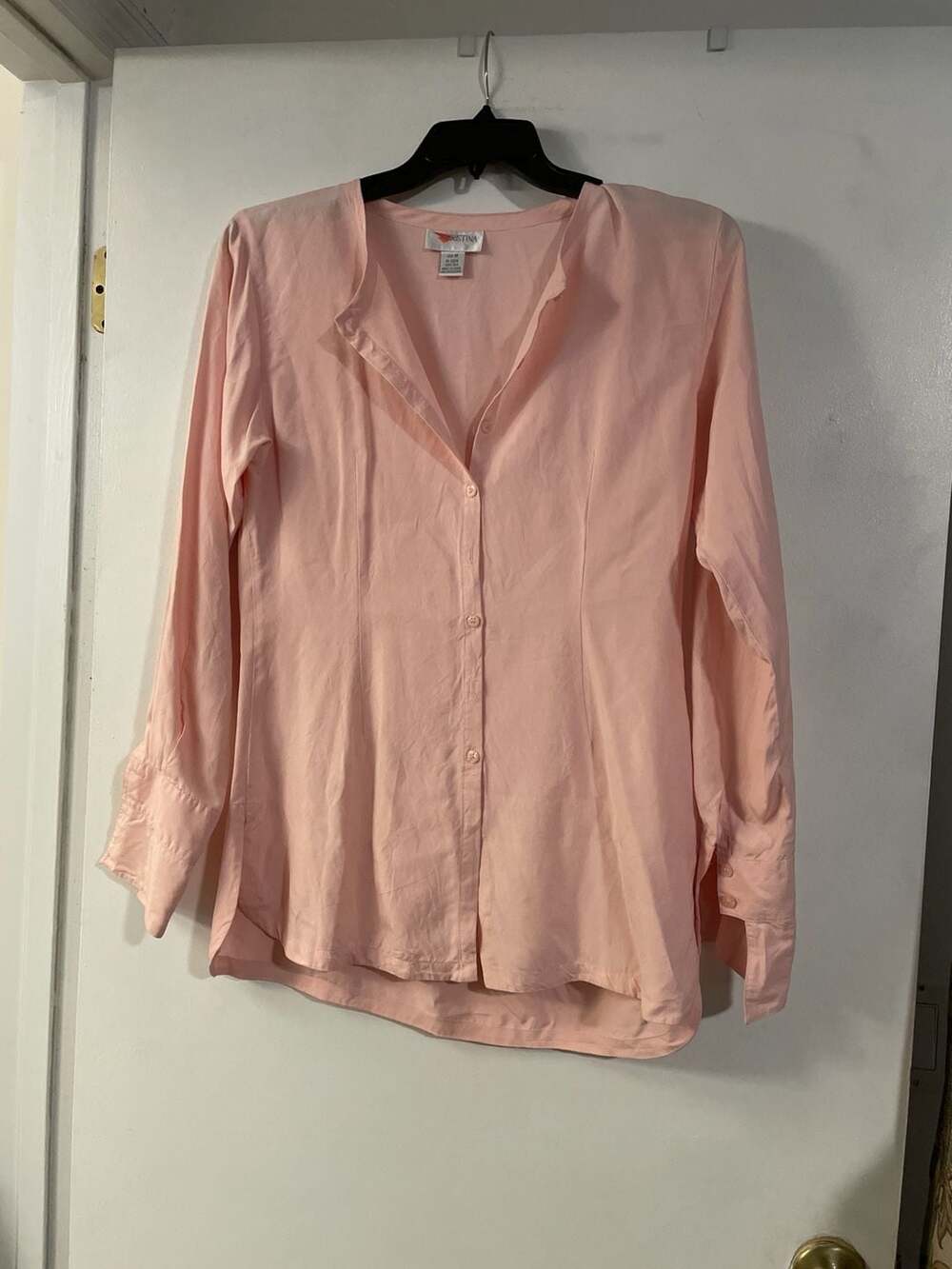 Cristina 100% Silk Peach Pink Long Sleeve Button Down Blouse Size M